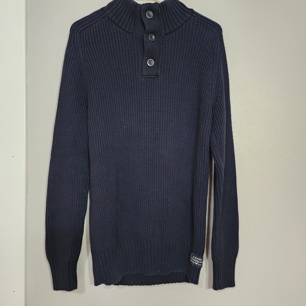 American Eagle Outfitters Henley Sweater Men's Large Navy Heavy Knit Y2K Vintage